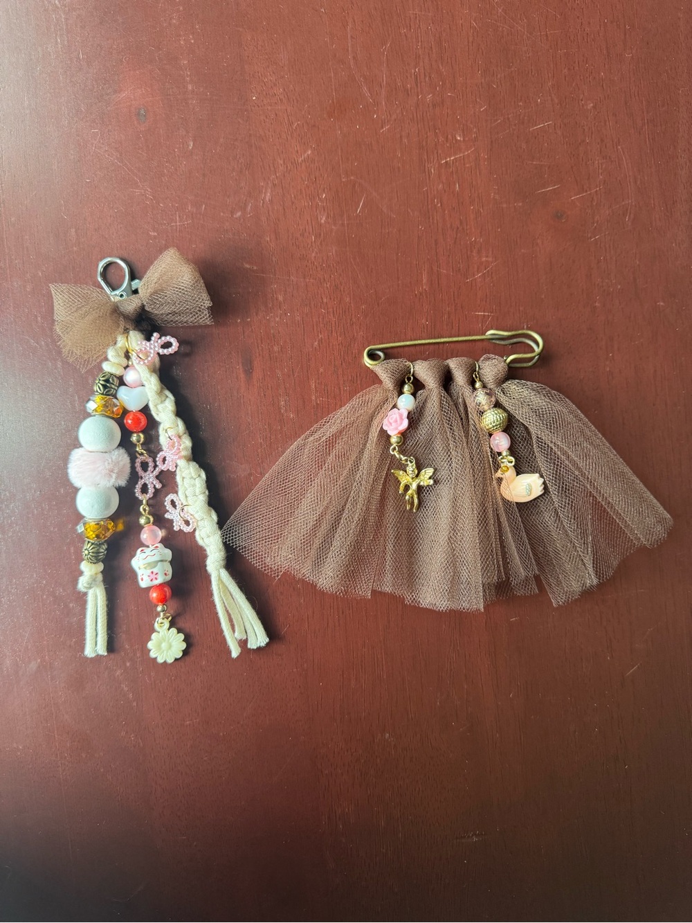 Whimsical Tulle Brooch & Beaded Bag Charm Keychain Set Coquette Vibes